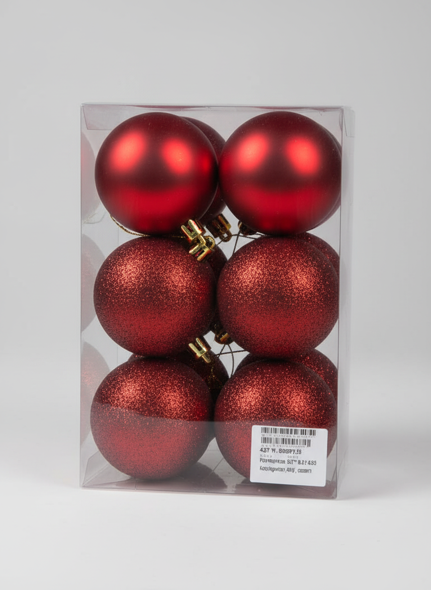 CHRISTMAS 7CM 12 PCS BOX MATTE SHINY GLITTER BAUBLES RED UKH-2-1-0925-94