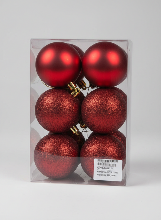 CHRISTMAS 7CM 12 PCS BOX MATTE SHINY GLITTER BAUBLES RED UKH-2-1-0925-94