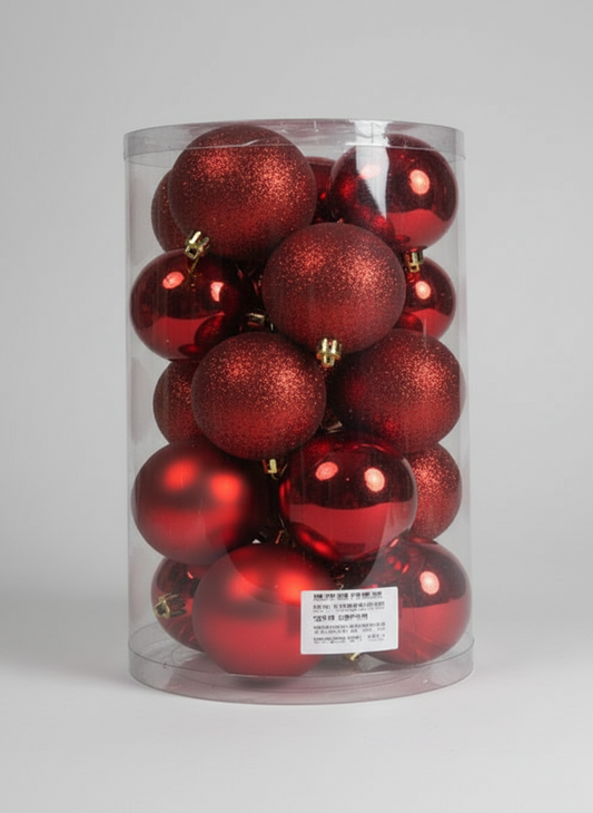 CHRISTMAS 6CM 16 PCS BOX SHINY GLITTER BAUBLES RED UKH-2-11-0925-23