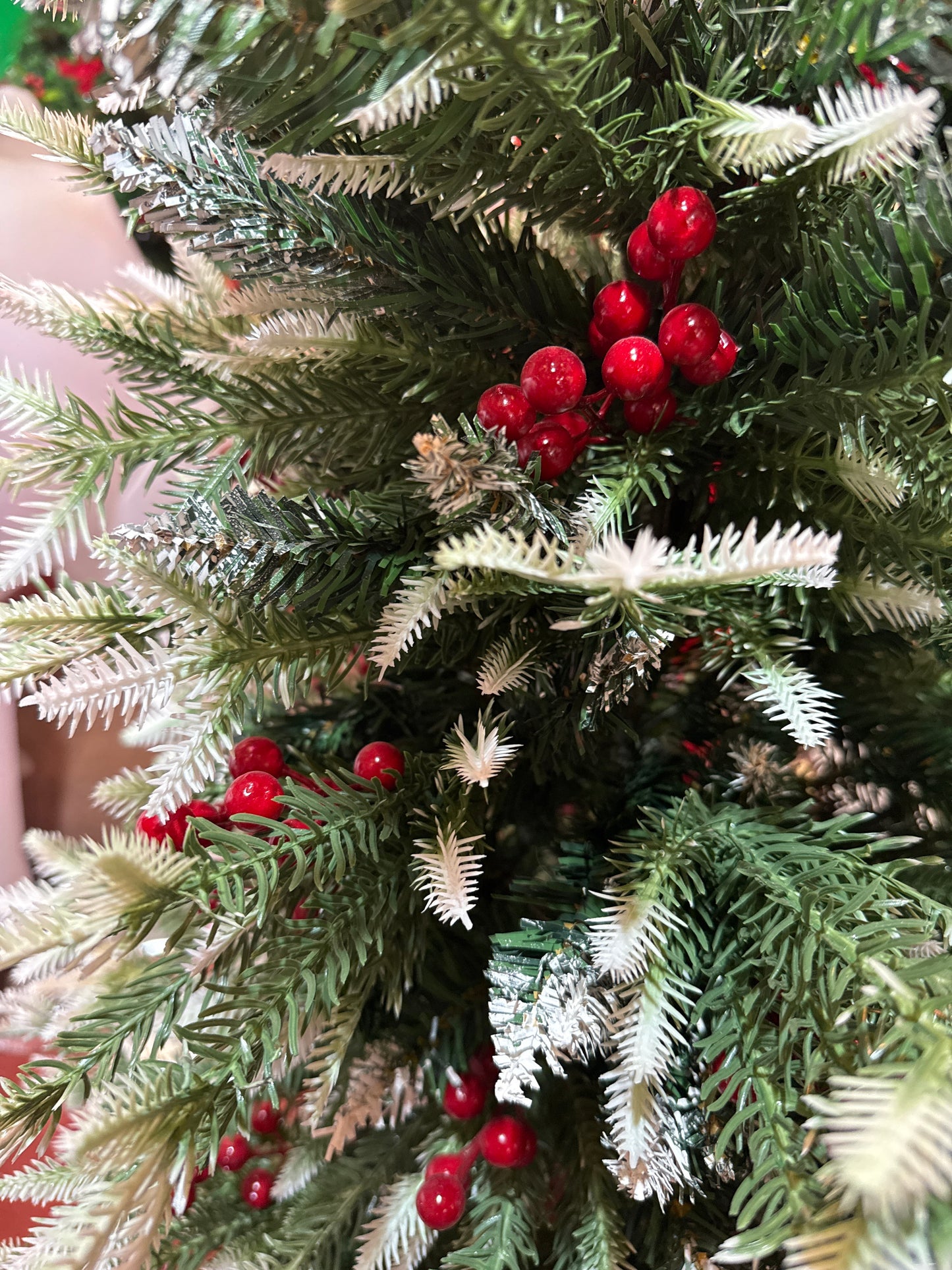 SNOW FLAKED CHRISTMAS TREE WITH PINE AND CHERRIES 150CM 450TIPS UKH-29-28-0825-71